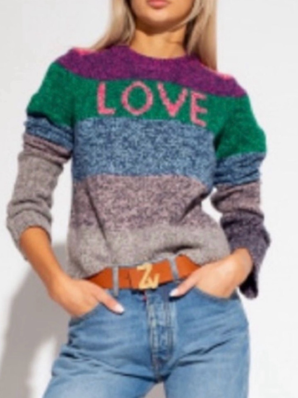 Zadig & Voltaire Cyrka Multicolor 'LOVE' Stripe Crewneck Sweater
